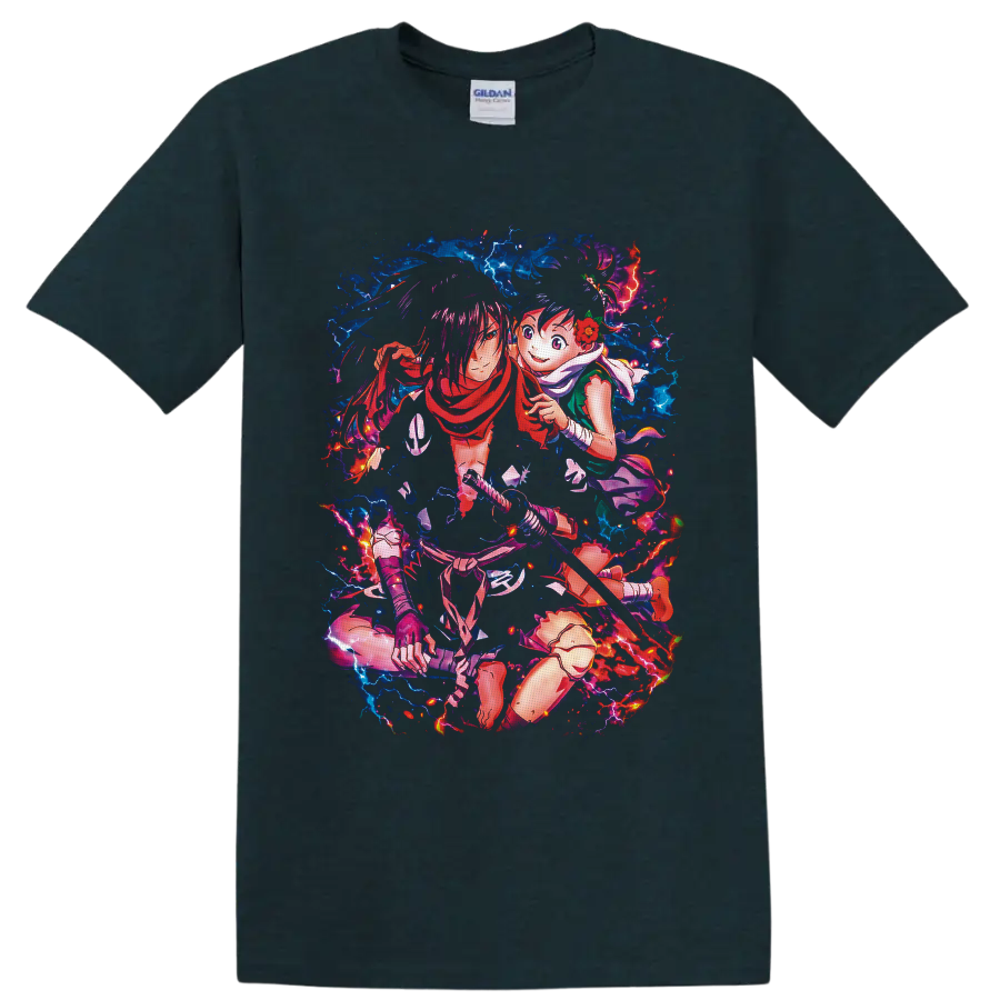 Gabimaru and Yui anime sword art with blue lightning and fiery red energy on a Midnight (Green) T Shirt