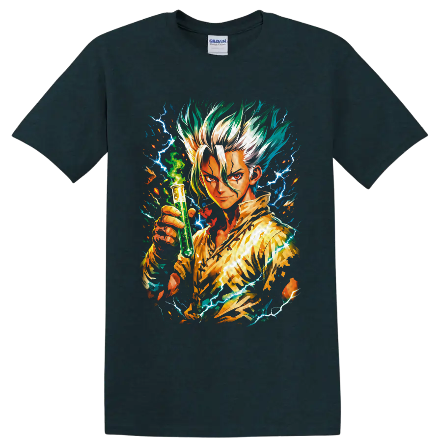 Senku Ishigami anime art holding a green test tube amid blue lightning on a Midnight (Green) T Shirt