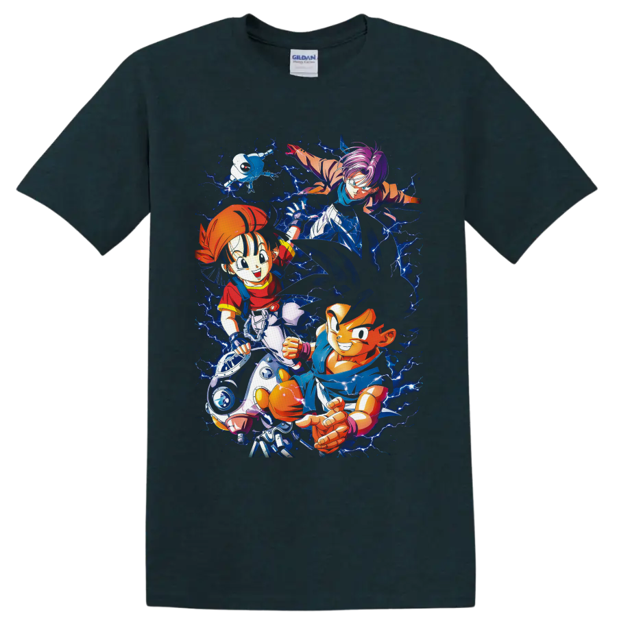 Goku, Pan and Trunks Dragon Ball GT anime art with electric blue lightning on a Midnight (Green) T Shirt