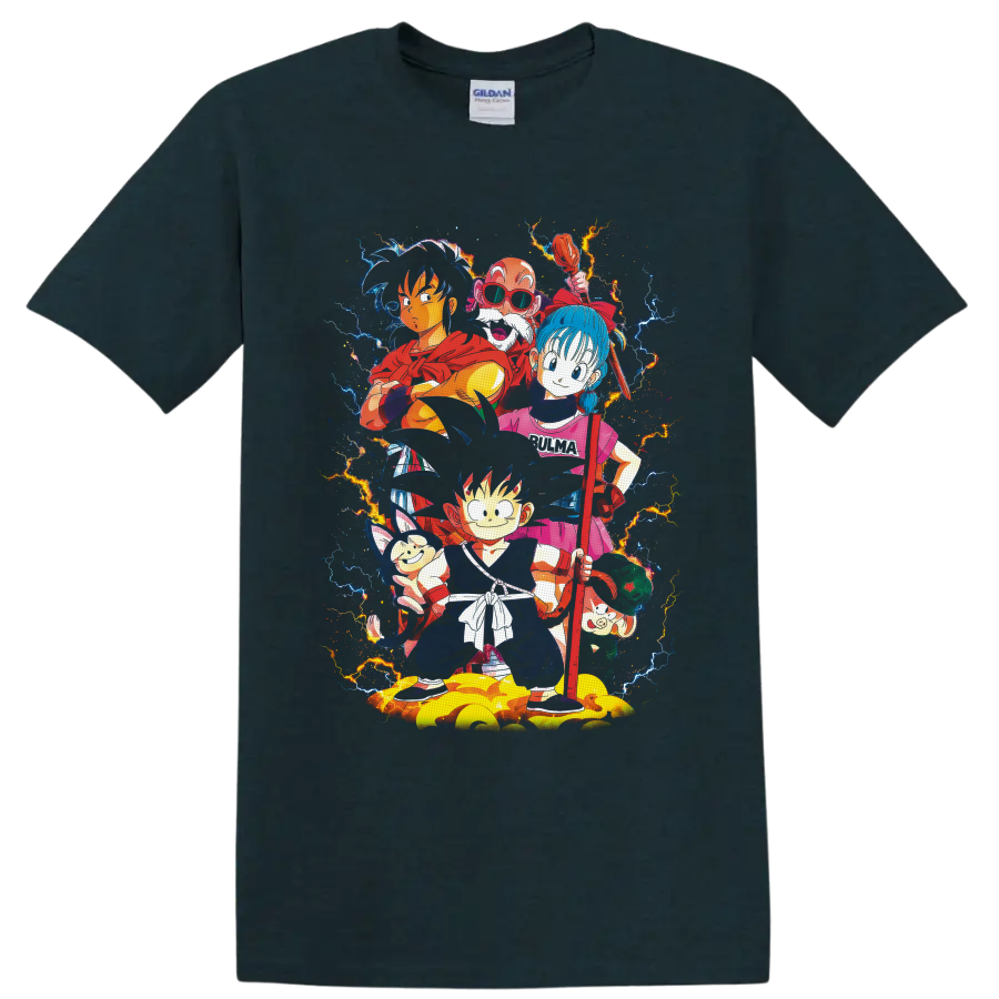 Dragon Ball Goku, Bulma, Yamcha and friends in vibrant lightning anime art on a Midnight (Green) T Shirt