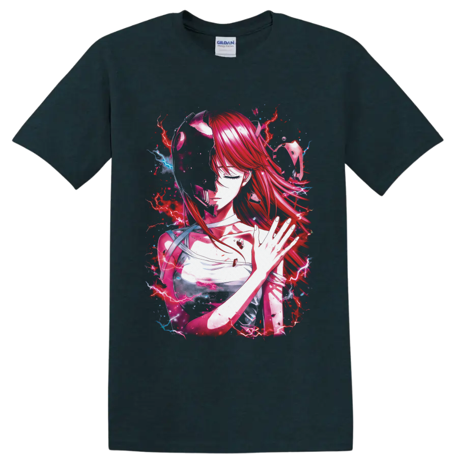 Elfen Lied Lucy anime artwork with red hair, horns, pink ribbons, and lightning on a Midnight (Green) T Shirt