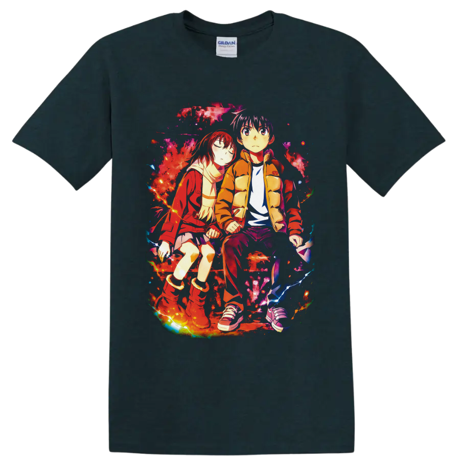 Satoru Fujinuma and Kayo Hinazuki in colorful Erased anime art with lightning on a Midnight (Green) T Shirt