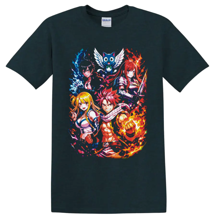 Fairy Tail characters Natsu, Lucy, Erza, Gray, and Happy in fire and ice anime art on a Midnight (Green) T Shirt