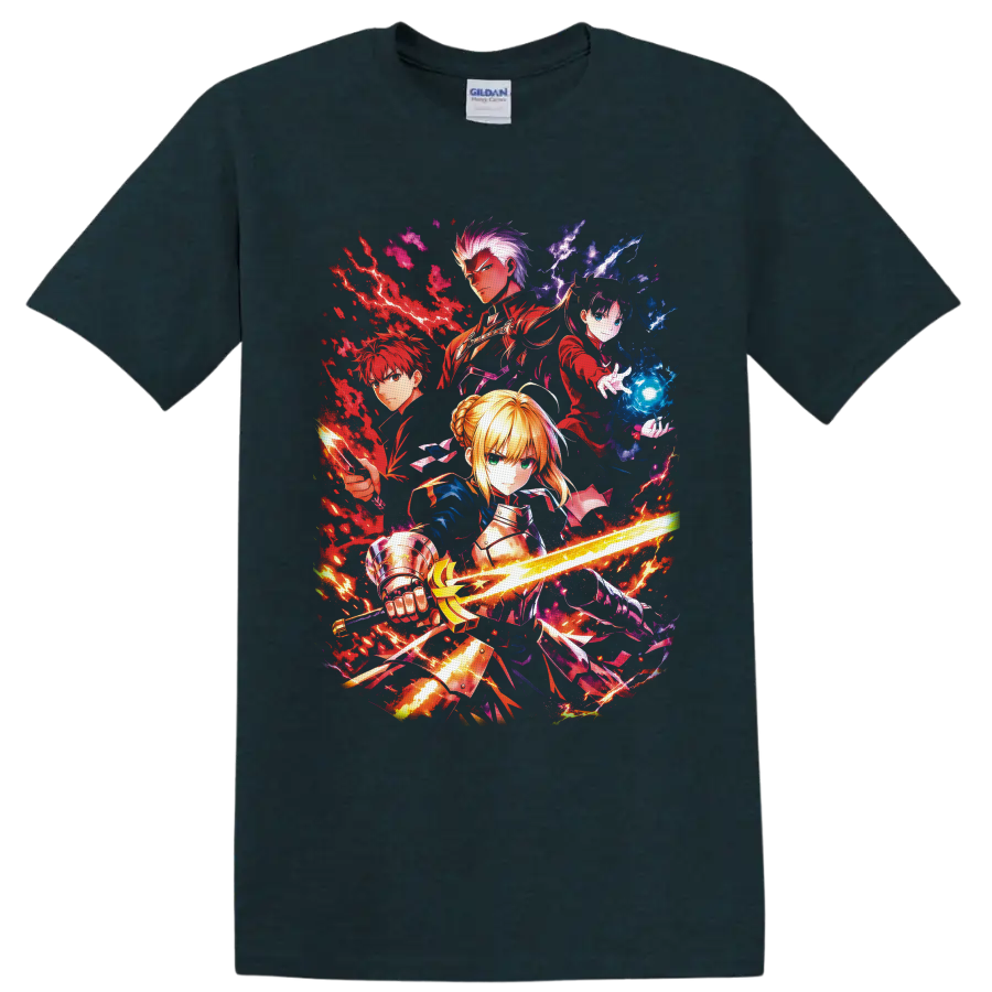 Fate/stay night Saber, Rin, Archer and Shirou action collage with sword and magic on a Midnight (Green) T Shirt