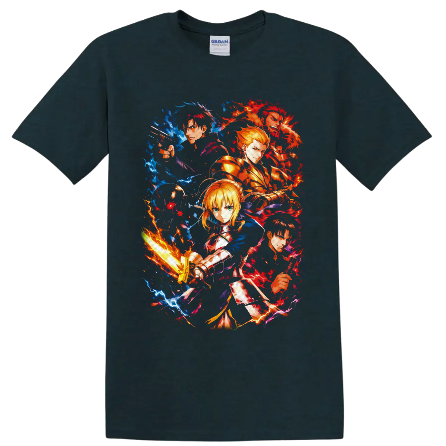 Fate/Zero Saber, Kiritsugu, Rider, Gilgamesh and Kirei anime lightning collage on a Midnight (Green) T Shirt