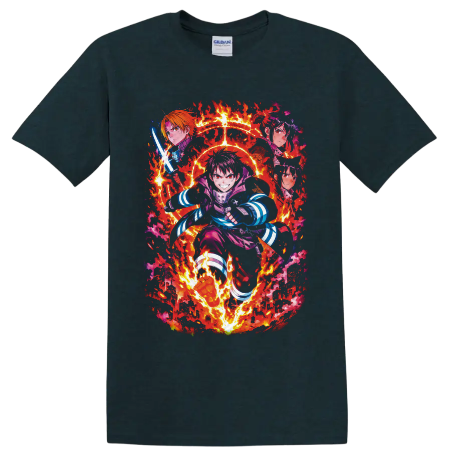 Shinra Kusakabe Fire Force anime action graphic with flames and burning city on a Midnight (Green) T Shirt