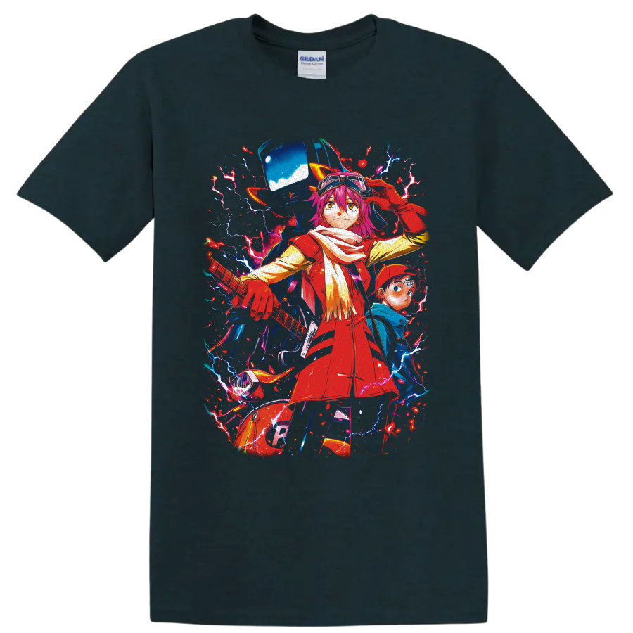 Haruko Haruhara with Naota and Canti in a neon lightning FLCL anime graphic on a Midnight (Green) T Shirt