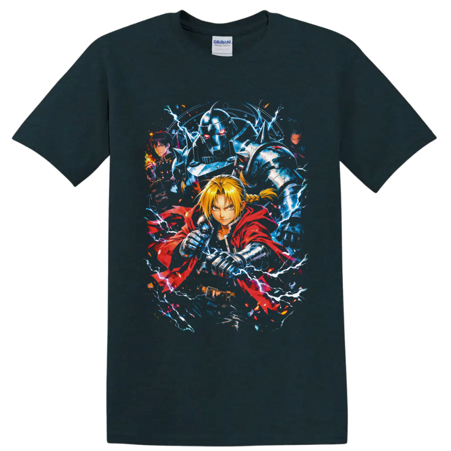 Edward Elric, Alphonse Elric, and Roy Mustang anime art with lightning and flames on a Midnight (Green) T Shirt