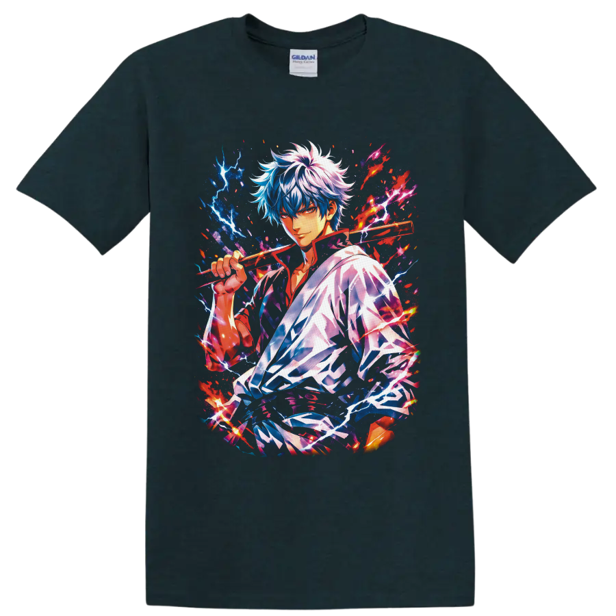 Gintoki Sakata anime portrait with wooden sword, lightning, flames, and cosmic splatter on a Midnight (Green) T Shirt