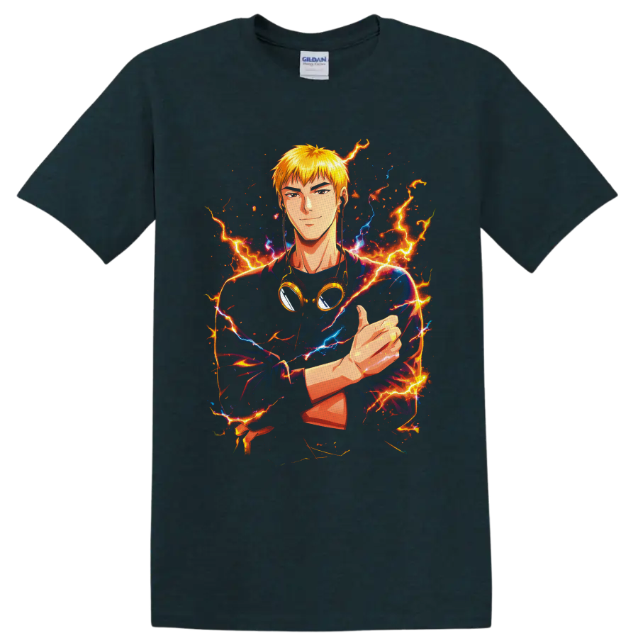 Eikichi Onizuka anime portrait with goggles, fiery lightning, and electric blue energy on a Midnight (Green) T Shirt