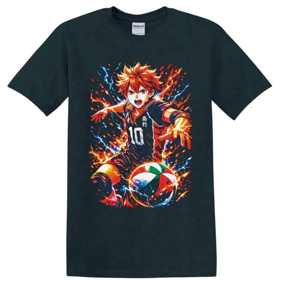 Shoyo Hinata Haikyu!! volleyball anime art with fiery lightning effects on a Midnight (Green) T Shirt