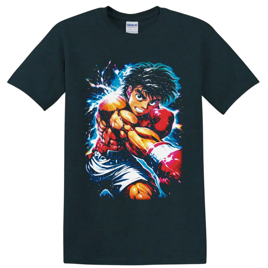Ippo Makunouchi boxing punch in electric blue and fiery anime action art on a Midnight (Green) T Shirt