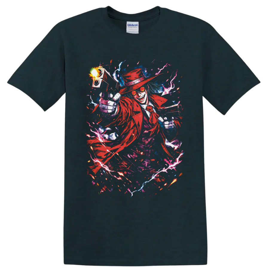 Alucard Hellsing gothic anime art with dual pistols, red coat, and lightning on a Midnight (Green) T Shirt