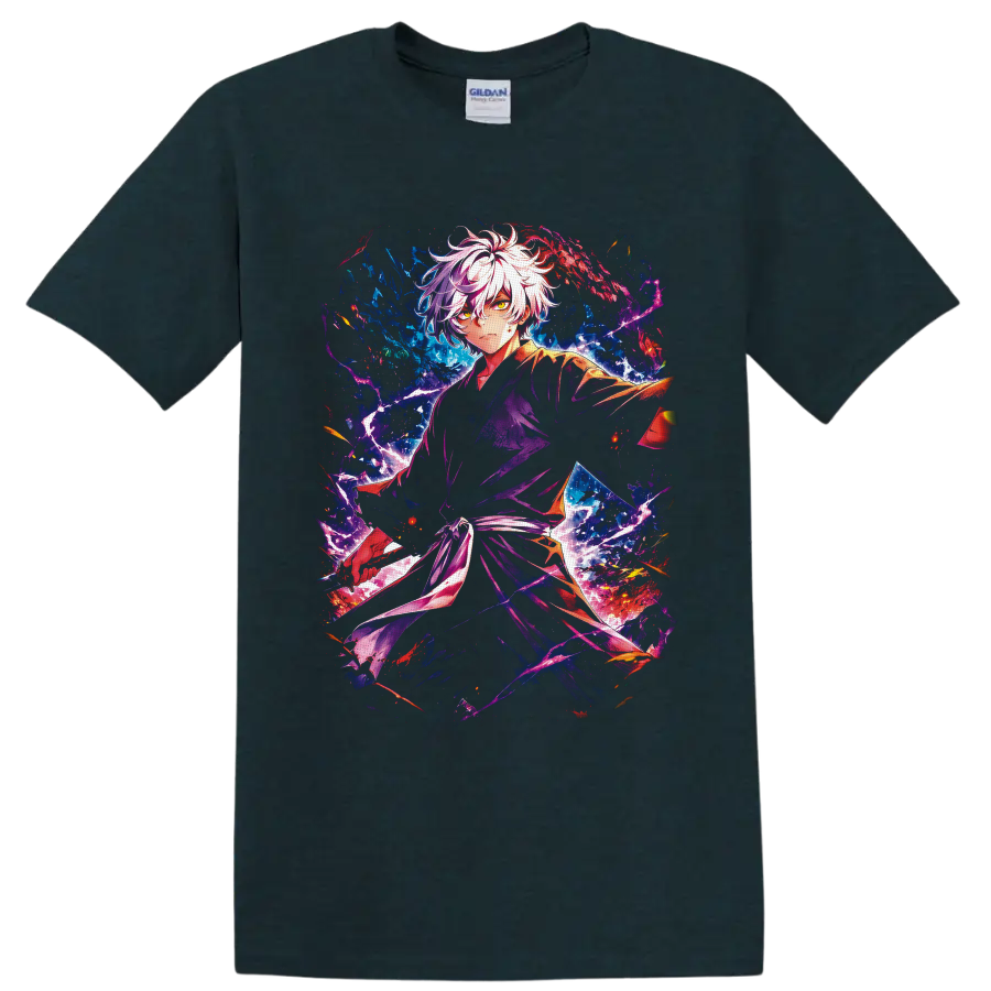 Gabimaru anime art with white hair, lightning, and blue purple red energy on a Midnight (Green) T Shirt