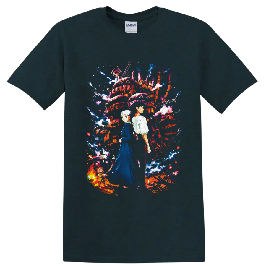 Sophie and Howl before a magical moving castle with Calcifer, Markl, lightning and flames on a Midnight (Green) T Shirt