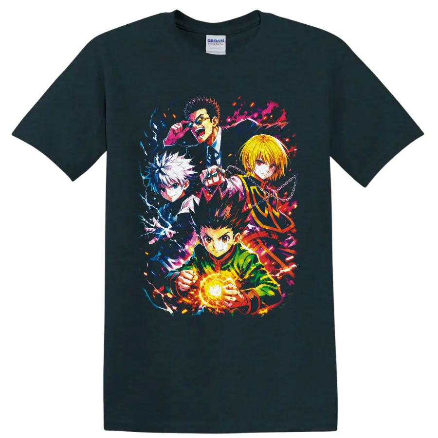 Hunter x Hunter Gon, Killua, Kurapika, and Leorio in vibrant splash-art action on a Midnight (Green) T Shirt