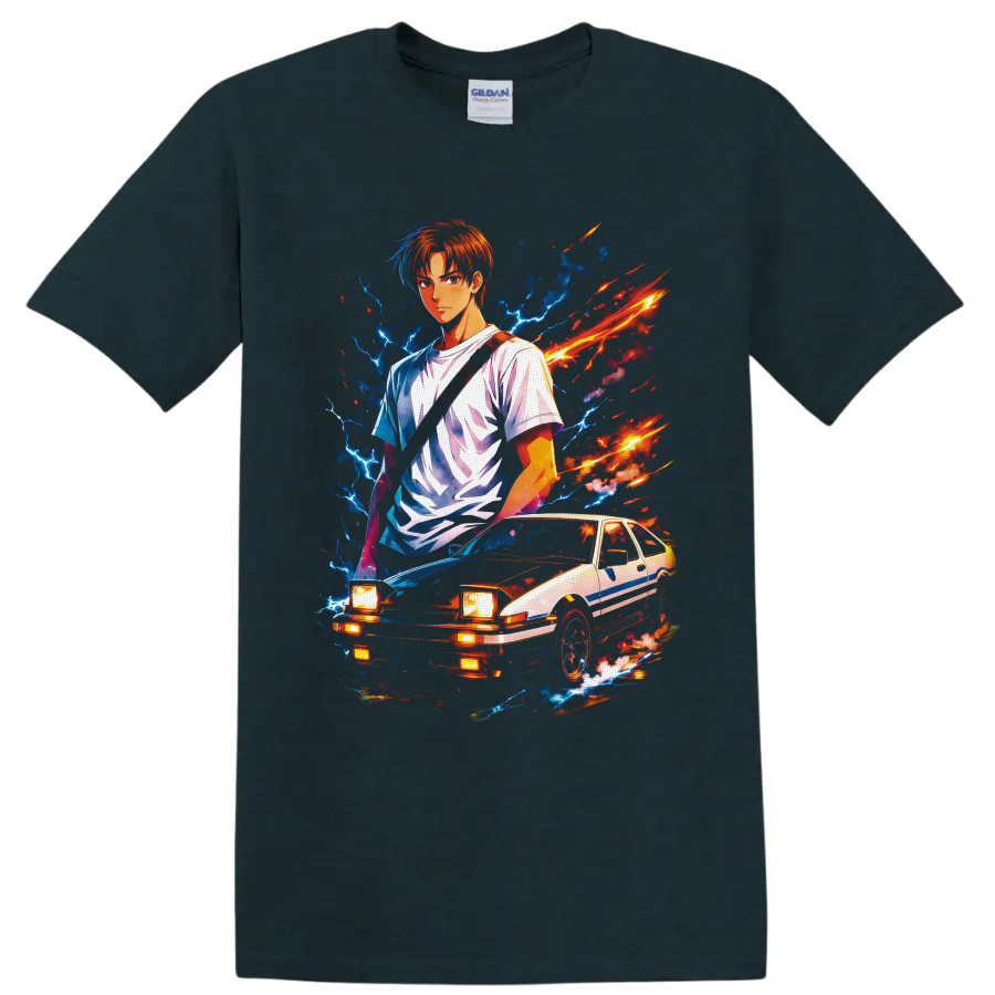 Takumi Fujiwara with Toyota Sprinter Trueno AE86 in neon anime lightning art on a Midnight (Green) T Shirt