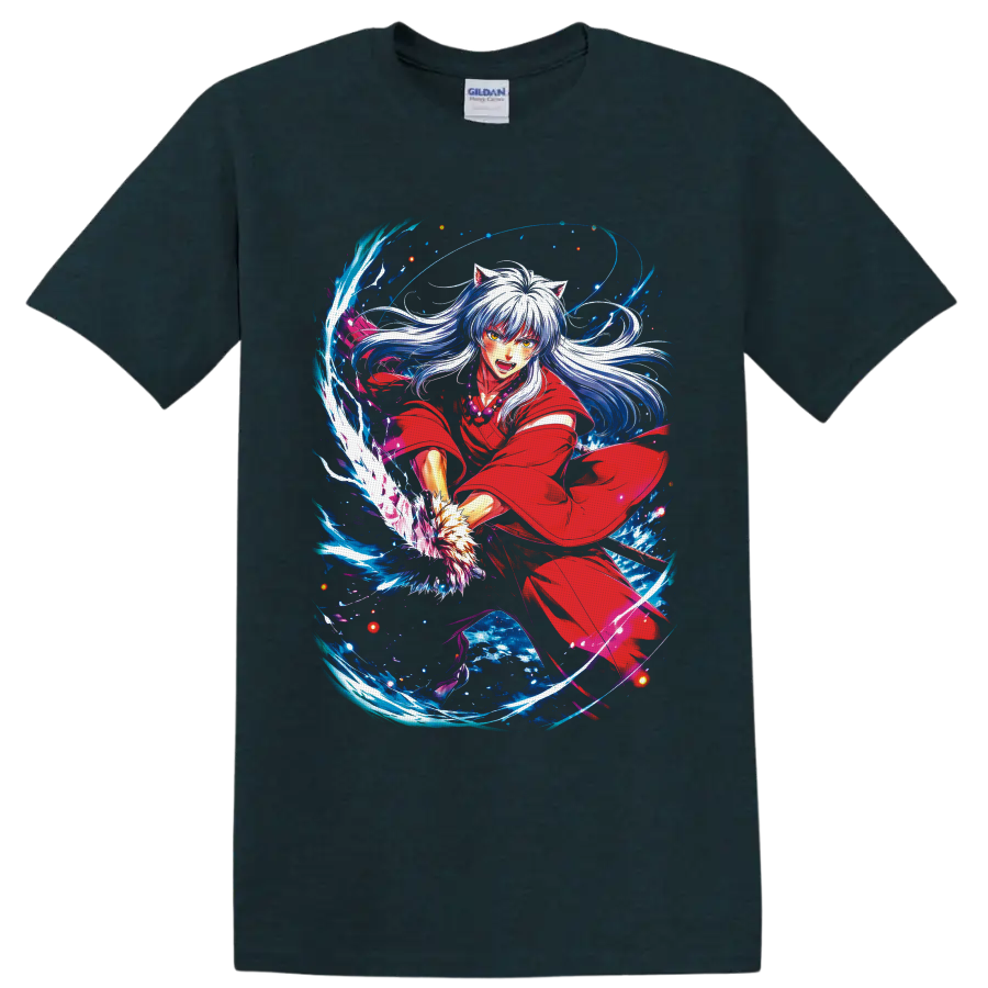 Inuyasha in red robe with silver hair and swirling blue fantasy energy on a Midnight (Green) T Shirt