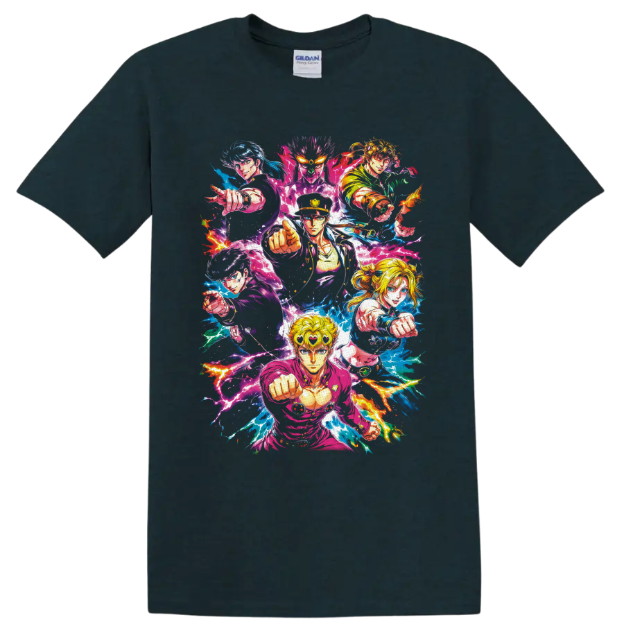 Jonathan Joestar and JoJo's Bizarre Adventure heroes in vibrant lightning anime art on a Midnight (Green) T Shirt