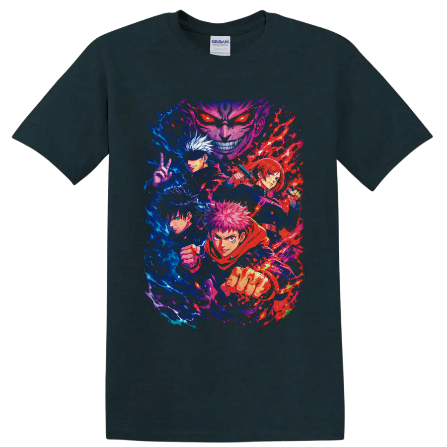 Yuji Itadori and Jujutsu Kaisen characters in vivid blue and red battle art on a Midnight (Green) T Shirt