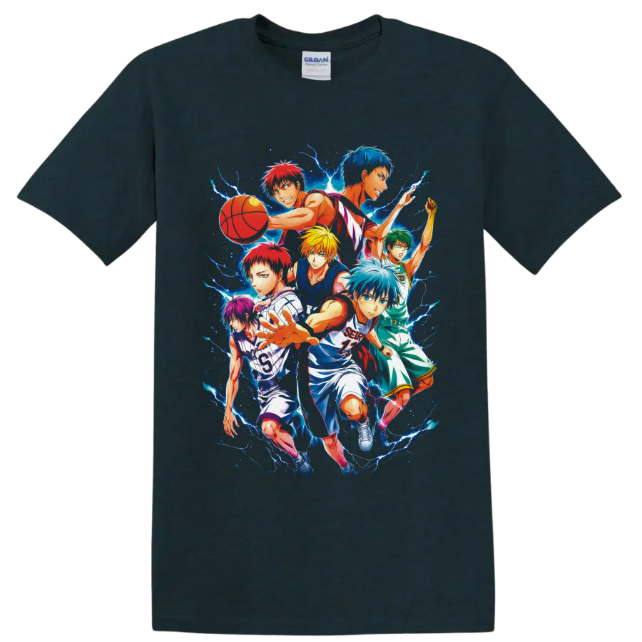 Kuroko's Basketball players in a dynamic anime collage with electric blue lightning on a Midnight (Green) T Shirt