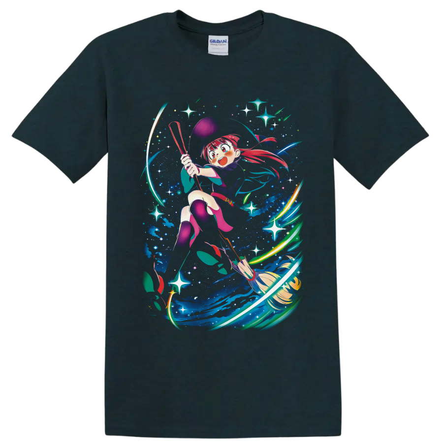 Atsuko Kagari flying on a broom through colorful cosmic magic and stars on a Midnight (Green) T Shirt