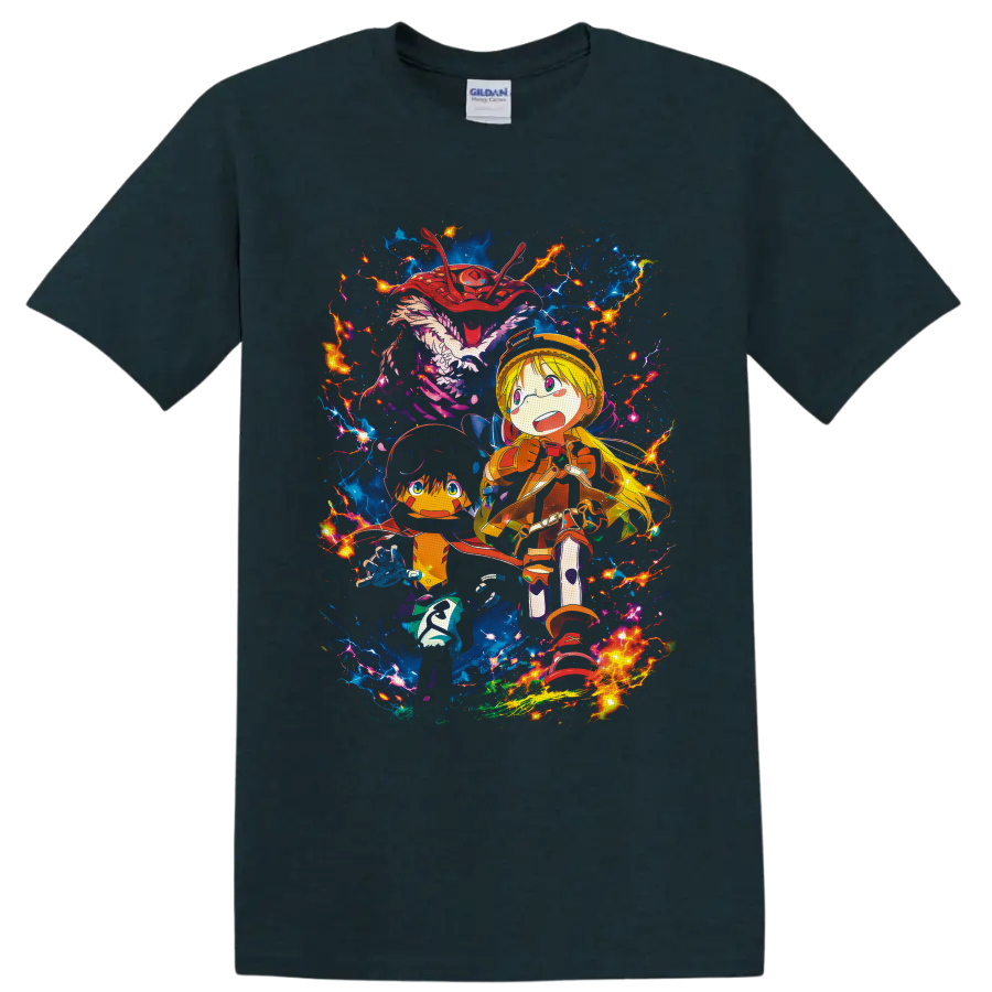 Riko and Reg with blue creature, electric lightning, and vivid fantasy anime art on a Midnight (Green) T Shirt
