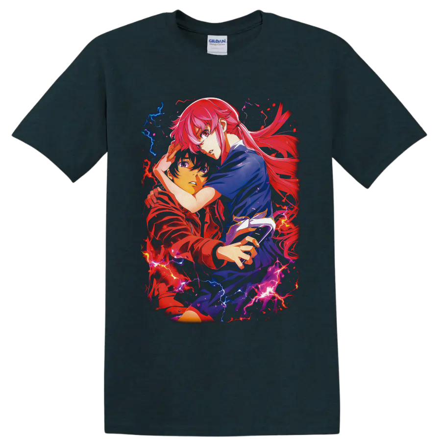 Mirai Nikki anime character duo with red blue lightning and flowing pink-red hair on a Midnight (Green) T Shirt