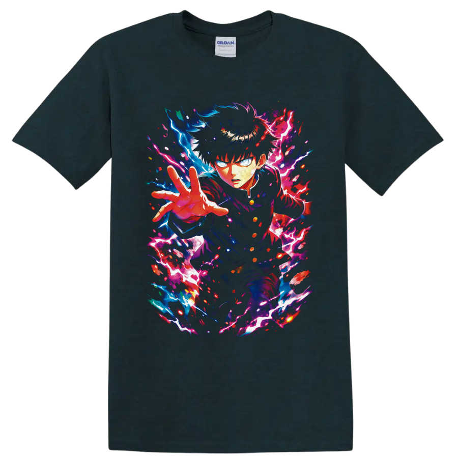 Shigeo Kageyama psychic anime art with blue and pink lightning energy on a Midnight (Green) T Shirt