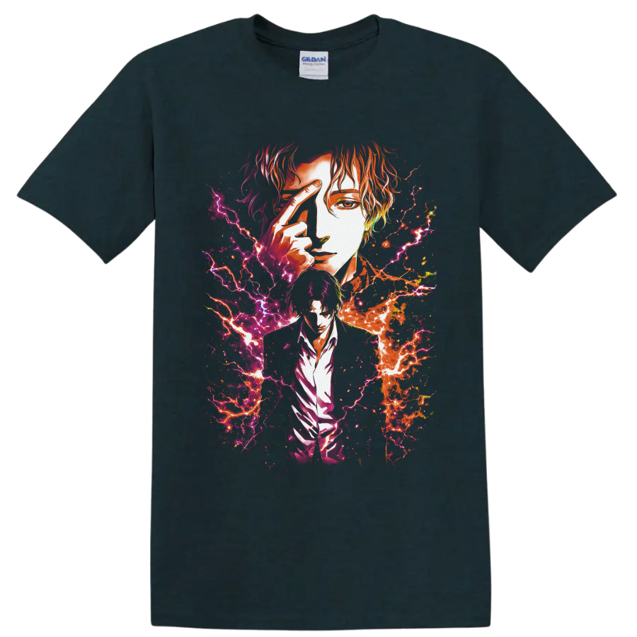 Baku Madarame anime portrait with neon pink and orange lightning splatter art on a Midnight (Green) T Shirt