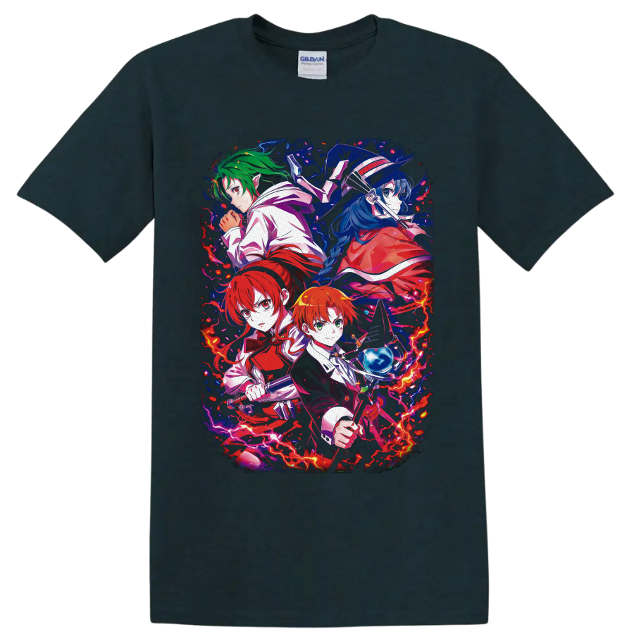 Rudeus Greyrat and companions in vivid fantasy anime art with lightning and magic on a Midnight (Green) T Shirt