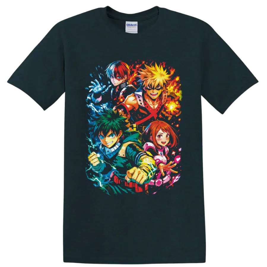 My Hero Academia heroes in colorful anime action collage with energy effects on a Midnight (Green) T Shirt