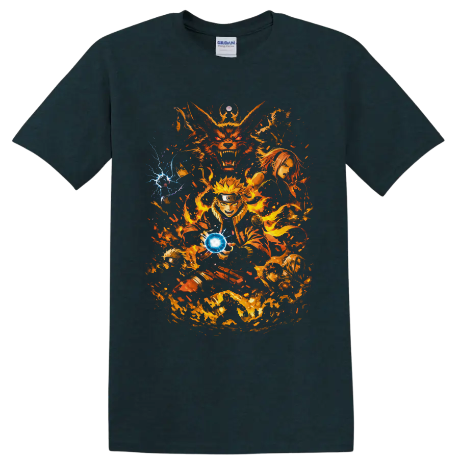 Naruto Uzumaki and Kurama anime battle art with fiery chakra and blue energy sphere on a Midnight (Green) T Shirt