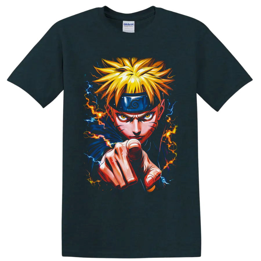 Naruto Uzumaki lightning ninja portrait with forward punch and blue orange energy on a Midnight (Green) T Shirt