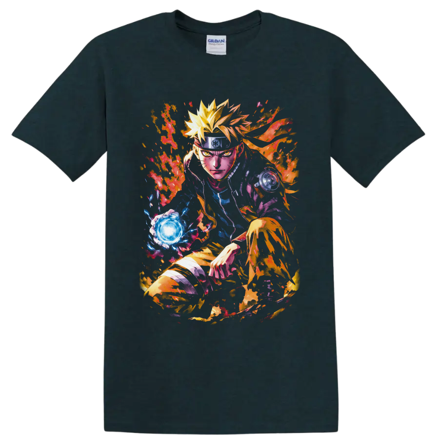 Naruto Uzumaki anime art with glowing Rasengan, fiery chakra, and colorful paint splashes on a Midnight (Green) T Shirt