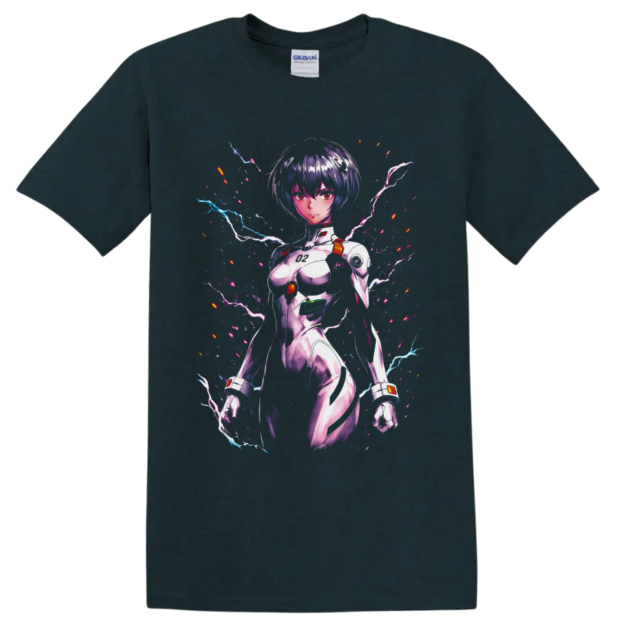 Rei Ayanami in a neon cyberpunk plugsuit portrait with lightning and glitch effects on a Midnight (Green) T Shirt