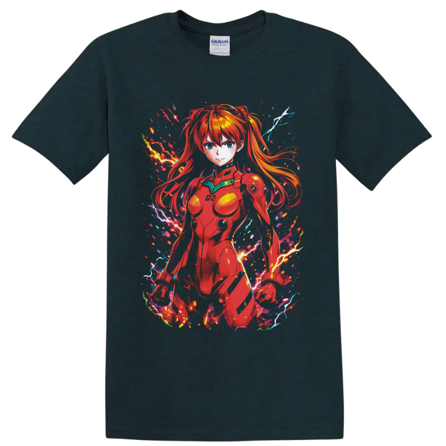 Asuka Langley Soryu in red pilot suit with neon lightning anime action art on a Midnight (Green) T Shirt