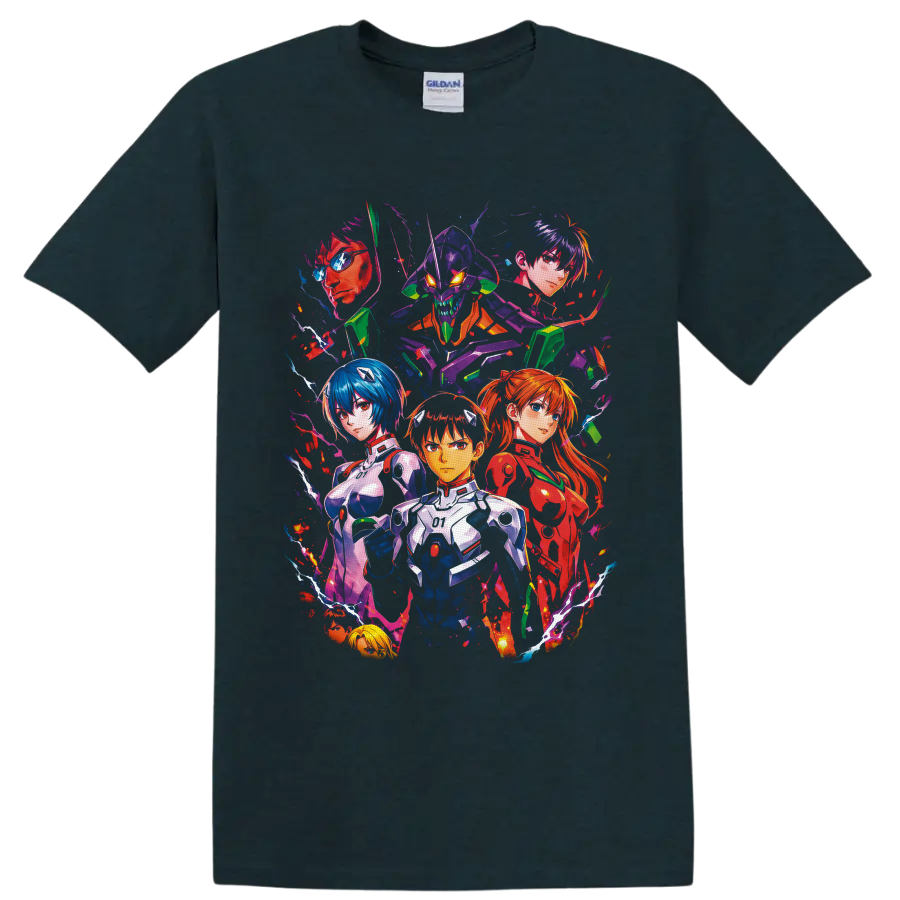 Neon Genesis Evangelion character collage with Shinji Ikari and Unit-01 in neon splatter on a Midnight (Green) T Shirt