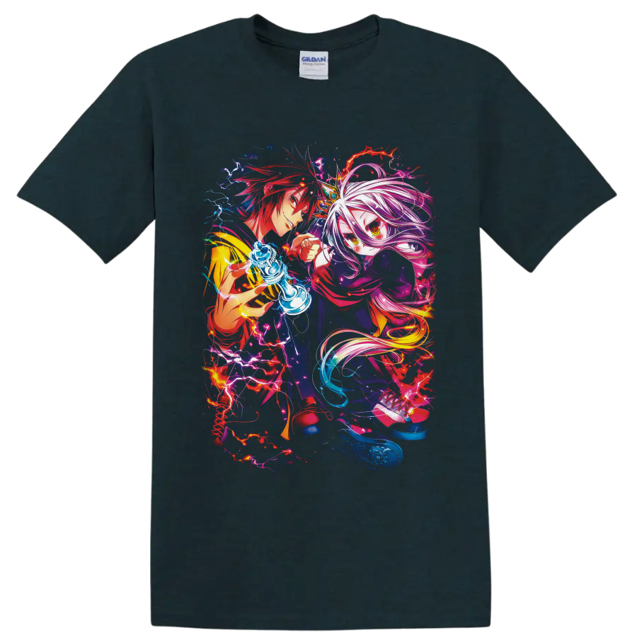Sora and Shiro with a glowing chess piece in neon fantasy anime art on a Midnight (Green) T Shirt