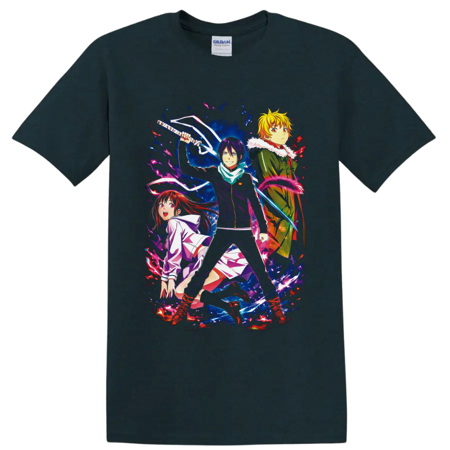 Yato, Hiyori Iki and Yukine in vivid Noragami cosmic action artwork on a Midnight (Green) T Shirt