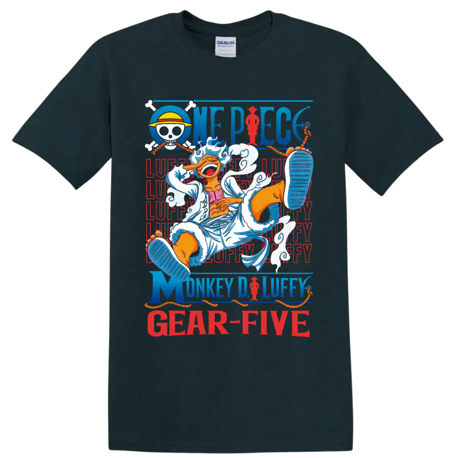 Monkey D. Luffy Gear 5 anime art with clouds, pirate emblem, ropes, and One Piece on a Midnight (Green) T Shirt