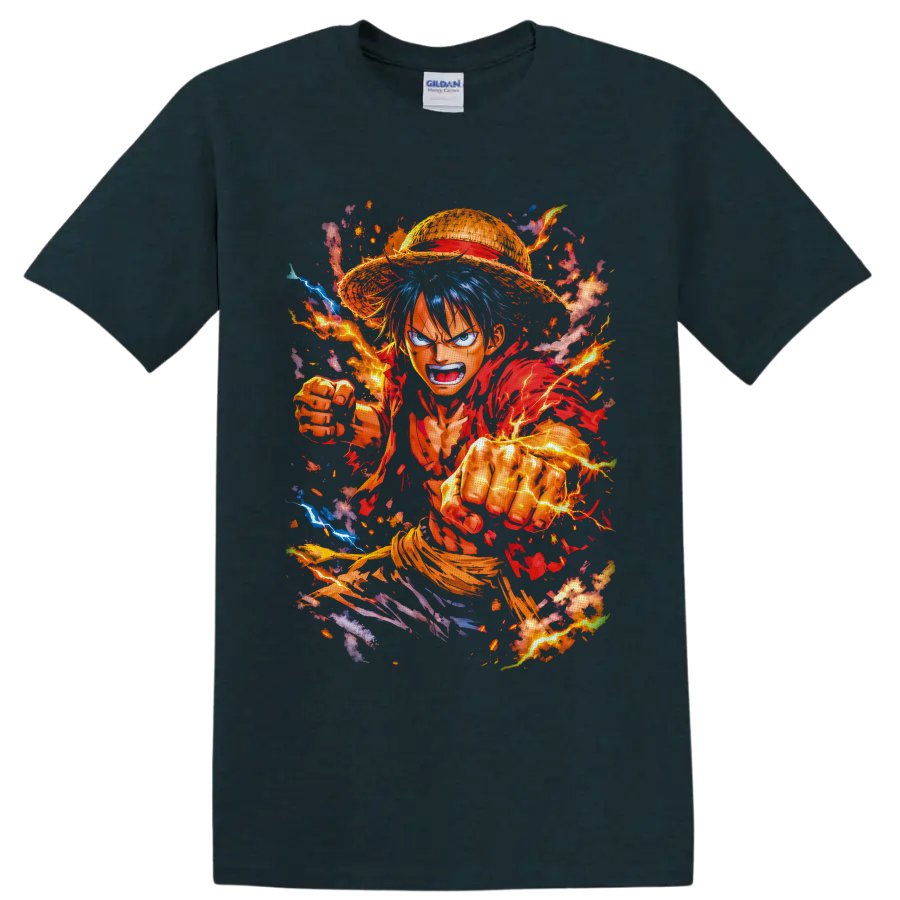 Monkey D. Luffy Gear 5 punching through fiery lightning in dynamic manga art on a Midnight (Green) T Shirt