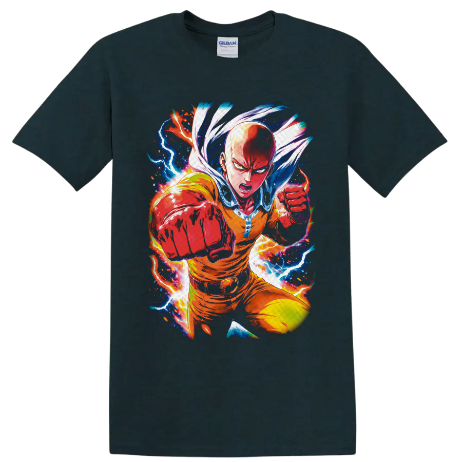 Saitama charging with a punch amid colorful lightning in manga-style action art on a Midnight (Green) T Shirt
