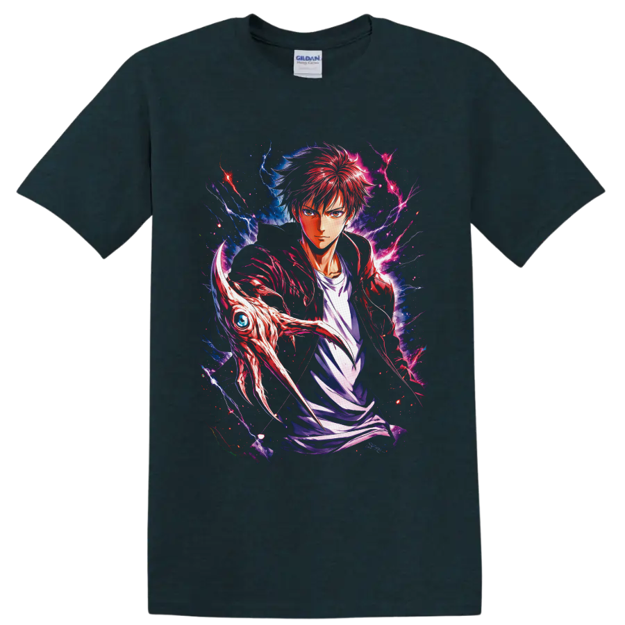 Baku Madarame Usogui manga-style portrait with red hair, lightning, and creature head on a Midnight (Green) T Shirt