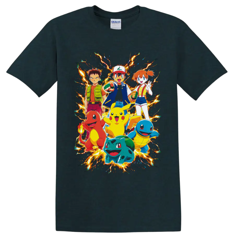 Ash Ketchum, Pikachu, Brock, Misty and starter Pokémon in fiery anime group art on a Midnight (Green) T Shirt