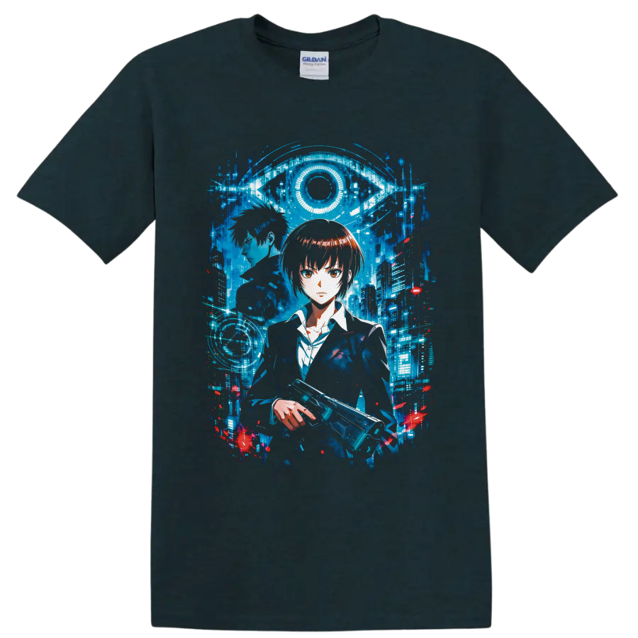 Akane Tsunemori and Shinya Kogami in a cyberpunk city beneath a digital eye on a Midnight (Green) T Shirt