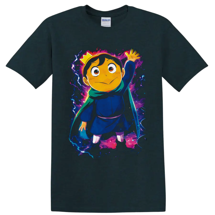 Bojji with crown, sword, and green scarf in cosmic anime fantasy art on a Midnight (Green) T Shirt
