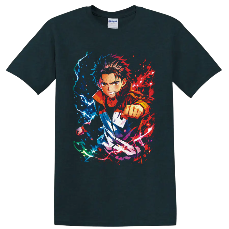 Yuji Itadori anime action art with red energy splashes and blue lightning on a Midnight (Green) T Shirt
