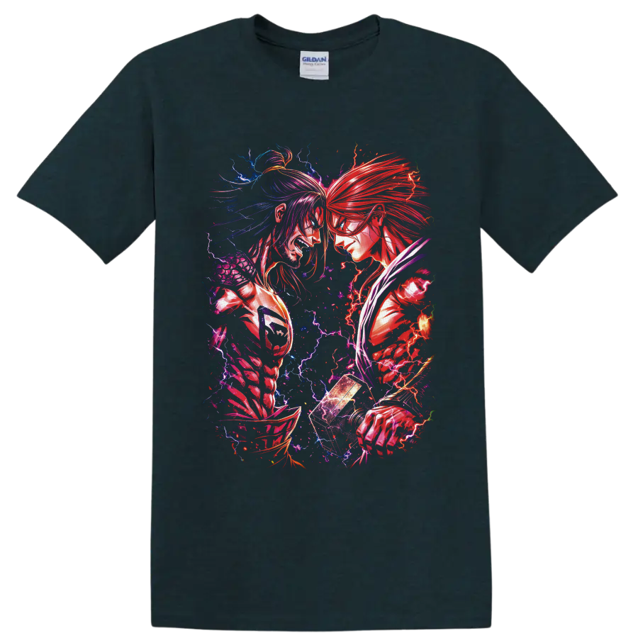 Thor vs Lu Bu anime battle art with red and blue lightning and glowing hammer on a Midnight (Green) T Shirt
