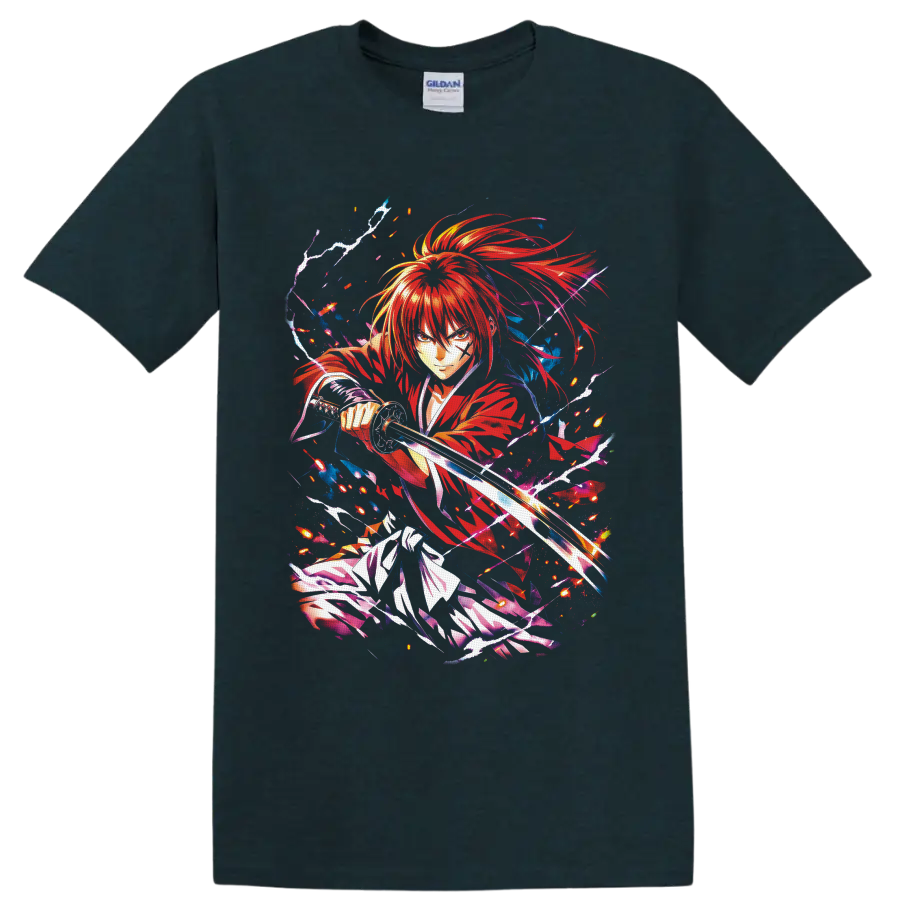 Himura Kenshin anime swordfighter graphic with red robes, sparks, and lightning on a Midnight (Green) T Shirt